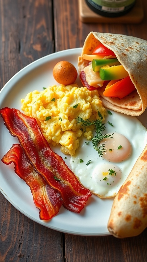 A delicious breakfast plate with bacon, eggs, potatoes, and a veggie tortilla wrap on a rustic table.